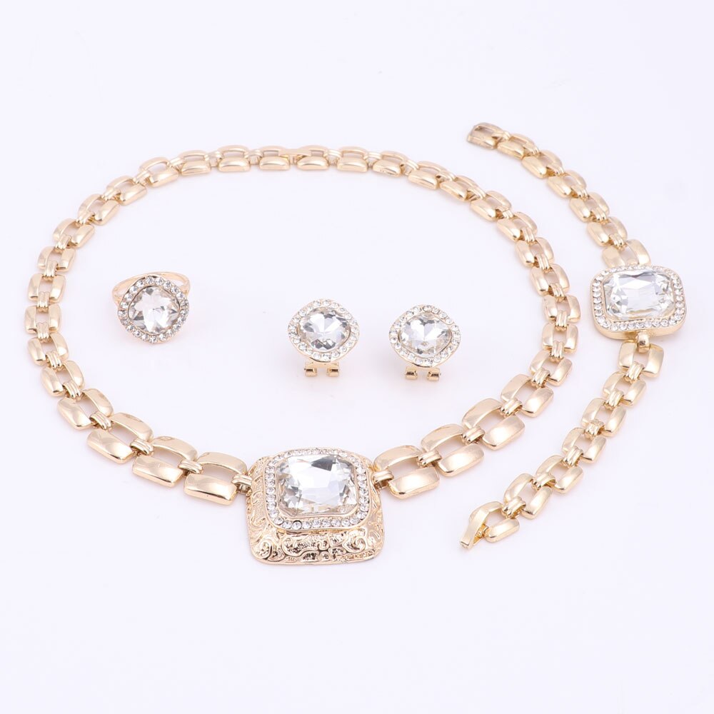 Afrikaanse Kralen Sieraden Sets Voor Vrouwen Jurk Accessoires Goud Kleur Crystal Wedding Bridal Ketting Oorbellen Armband Ring Sets: White