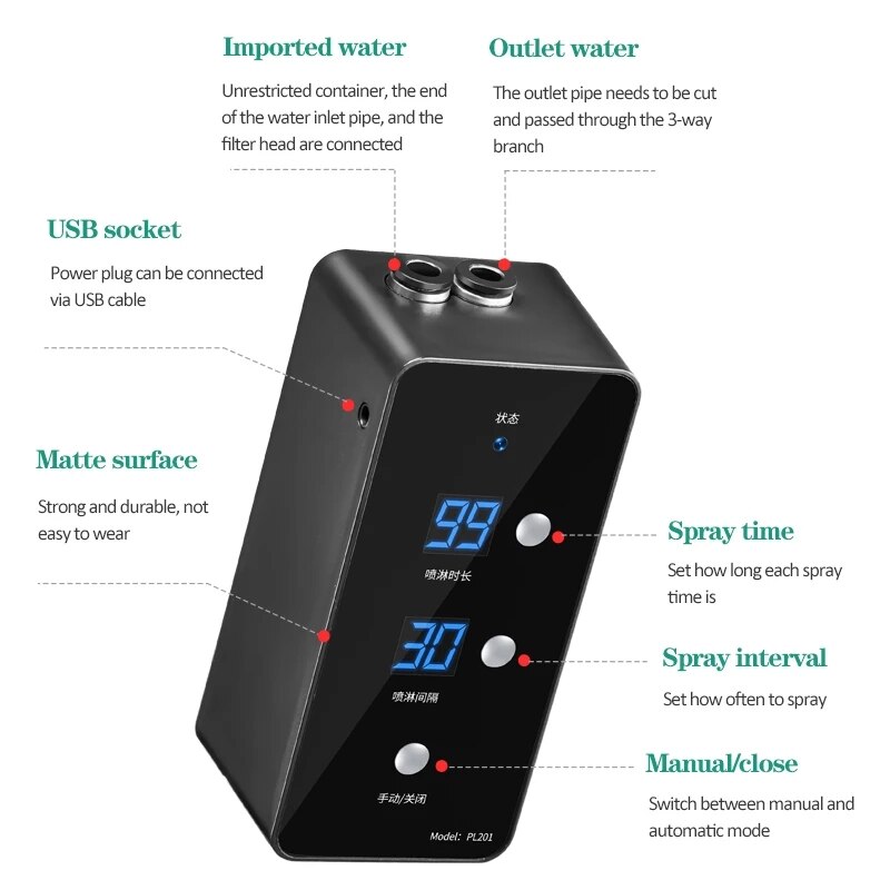 Intelligent automatisk tåge spray system sæt krybdyr terrarier tåge luftfugter lcd skærm sprinkler kontrol vanding timer