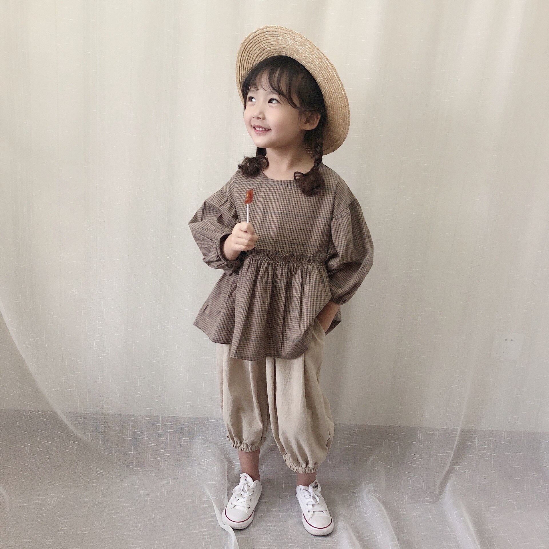 Lente En Zomer Japanse Katoen Plaid Trui Tops Meisjes Blouse