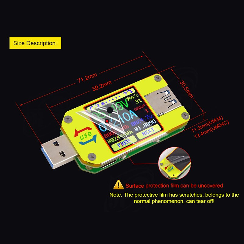 Um34c/um34 dc voltímetro amperímetro tensão medidor de corrente app usb 3.0 type-c bateria carga medida cabo resistência testadores puo88