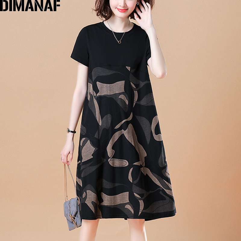 Dimanaf vestido feminino, tamanho grande roupas femininas de algodão solto emendado elegante vestido de verão vintaged impressão preto 5xl
