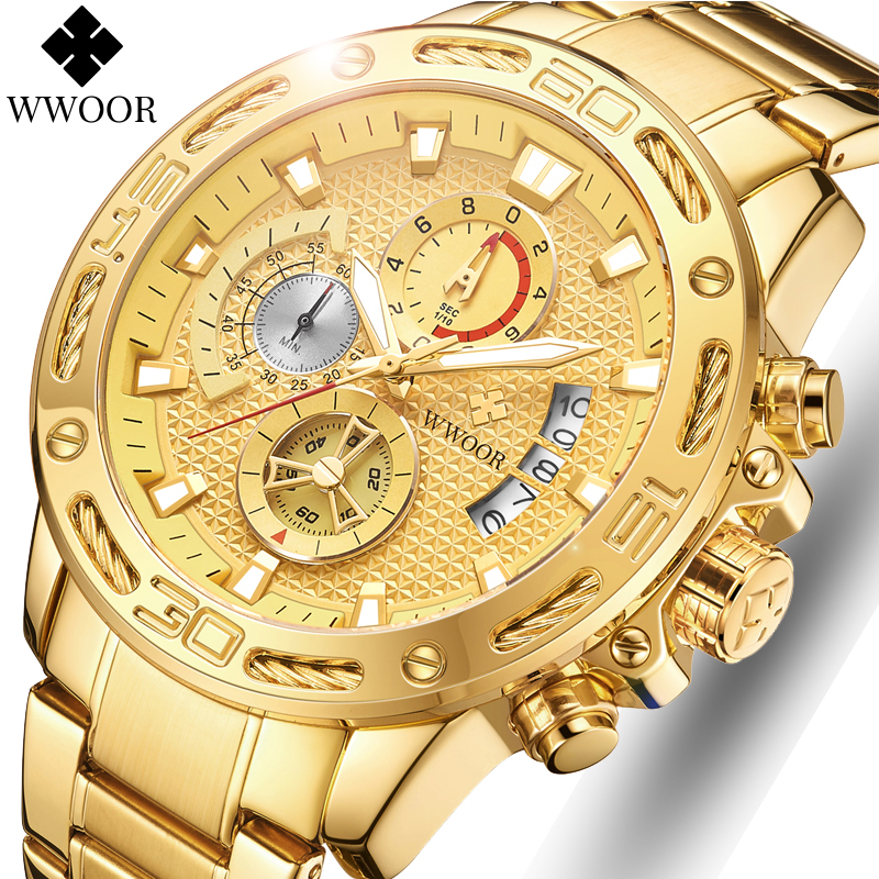 Relojes WWOOR para hombre, superior, de lujo, reloj de cuarzo de acero inoxidable dorado, cronógrafo deportivo resistente al agua para hombre, reloj Masculino