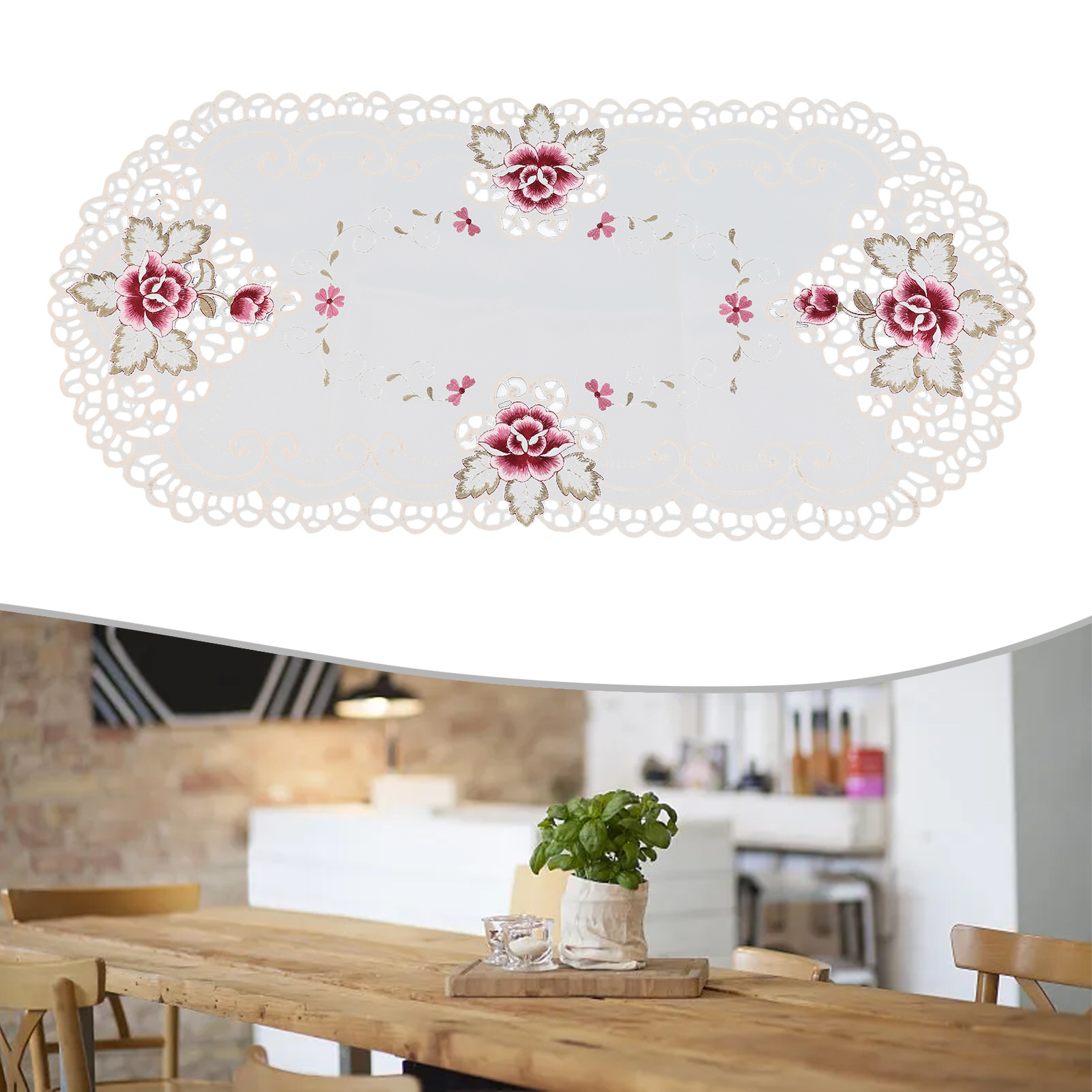 1 Stuks 16x33 Inch Wit Ovale Satijnen Stof Kant Tafelkleed Kleedje Geborduurde Bloemen Kleine Tafelkleed Home Decor placemat