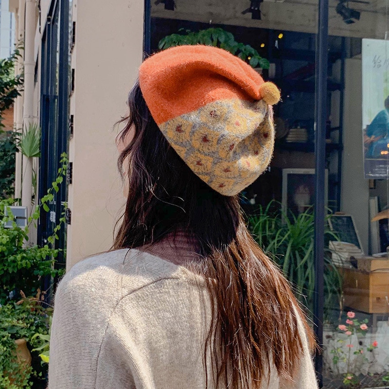 Gorros de invierno para mujer, gorros de lana estilo británico Vintage para chica, sombrero de pintor artístico para mujer, gorro octogonal de lana de otoño e invierno con retazos
