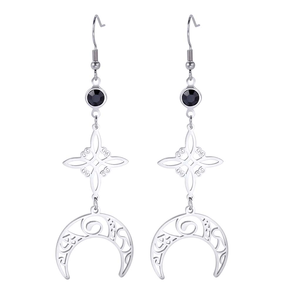 Unift Pendientes góticos de acero inoxidable para mujer y hombre, aretes de pentagrama de Triple runa, fase lunar, joyería Vintage, Piercing de oreja, nudo de bruja: Pistola negra plateada