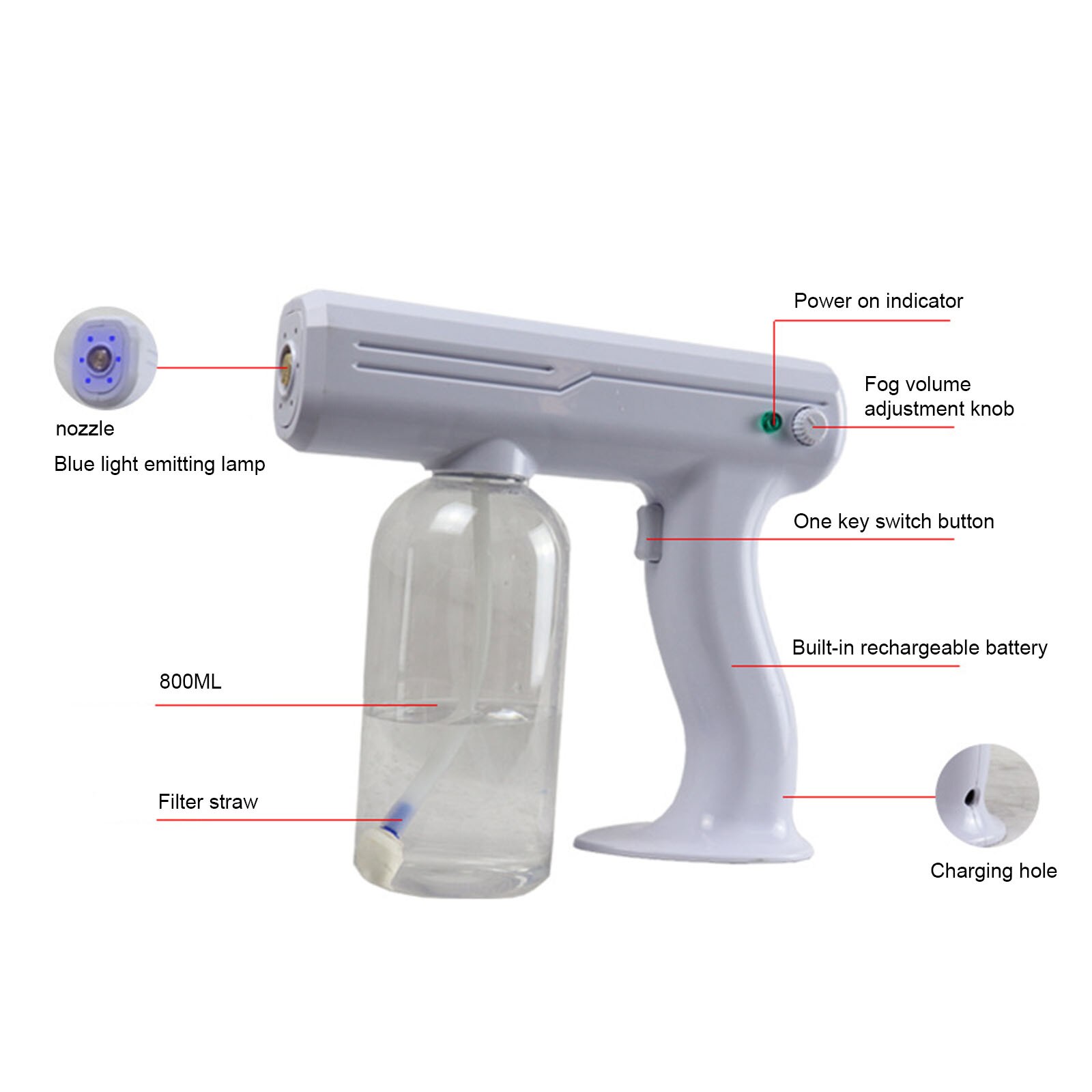 800ml 110v/220v Spray Bottle Blue Light Nano Household Portable Wireless Electric Sprayer Machine Nano Steam Spray Disinfection