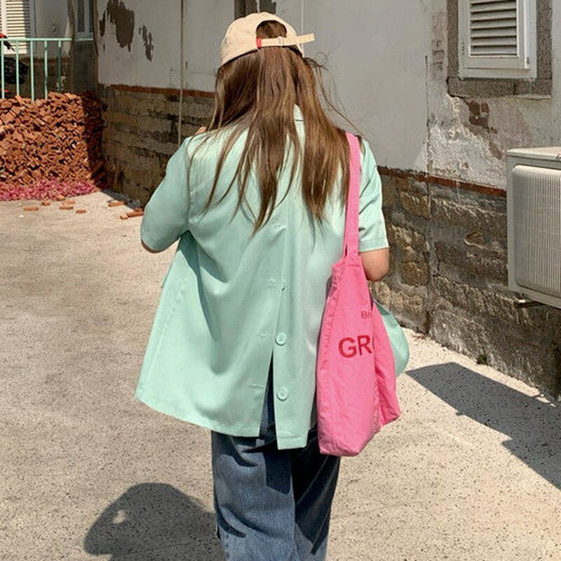 Blezery damskie jednolity, z nacięciem dwurzędowy modny workowaty koreańnarty styl wypoczynek lato z krótkim rękawem cały mecz elegancki prosty