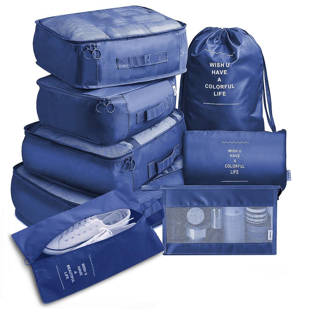 8 stk / sæt rejsetøj klassificering opbevaringspose til emballering af terningsko undertøj toiletartikler arrangørpose rejsetilbehør: Dyb blå