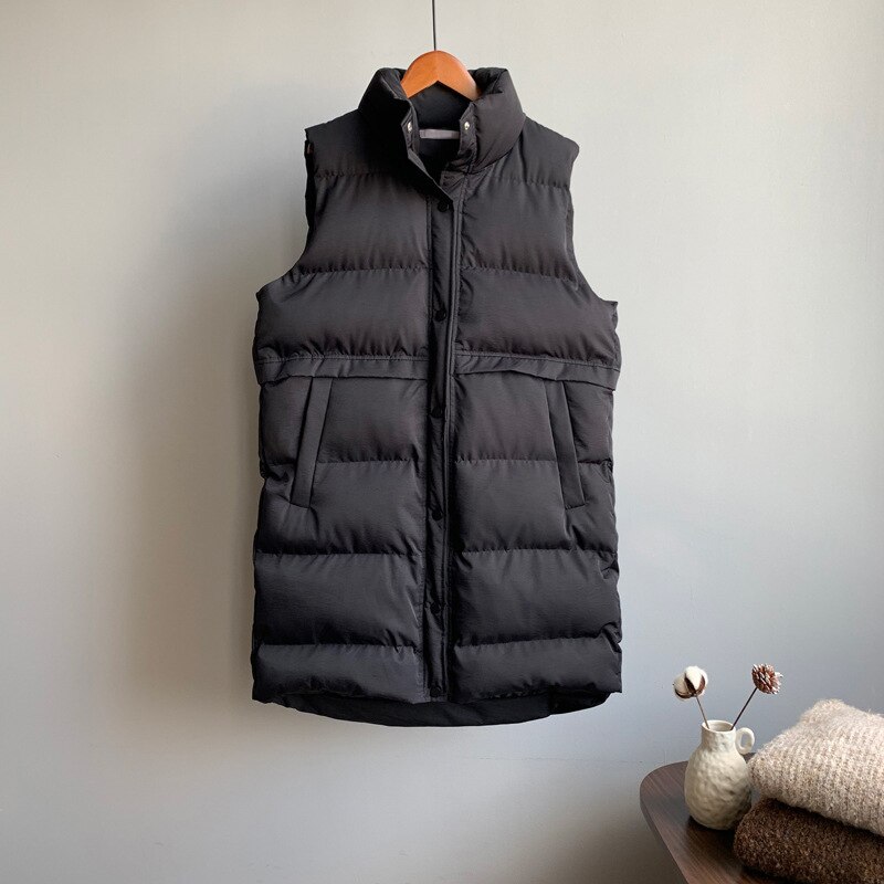 Gilet Long Chic en coton pour femmes, manteau, montant, , Gilet femme, hiver dessus: Black / M