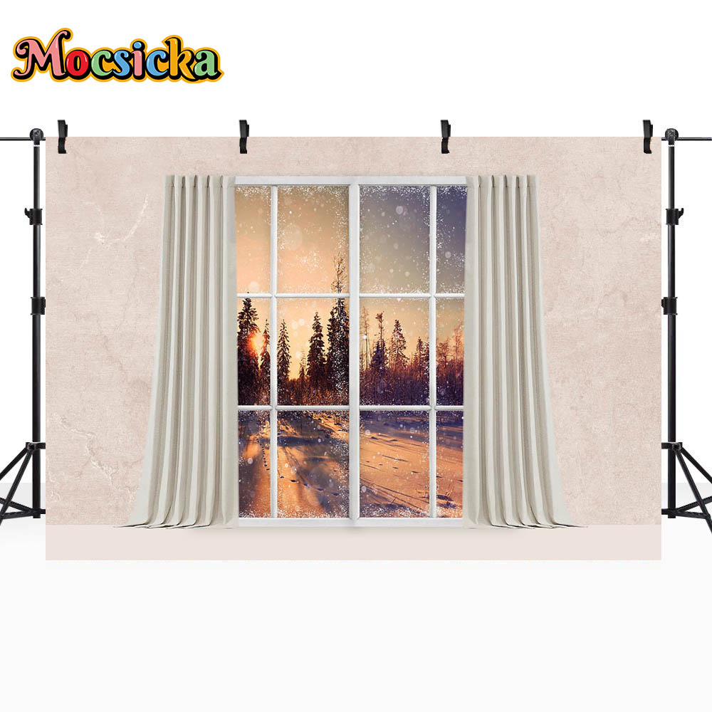 Mocsicka Christmas Curtain Window Photography Backdrop Winter Snow Scene Family Portrait Photo Background for Studio Photo Shoot: ROYAL BLUE / 70*100