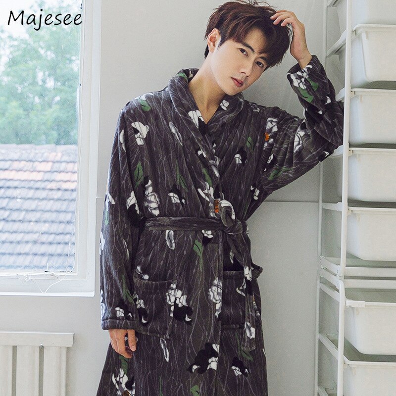 Gewaden Mannen Turn-down Kraag Gedrukt Flanel Warme Zachte Winter Dikkere Lange Eenvoudige Dagelijkse Mens Trendy Kleding chic