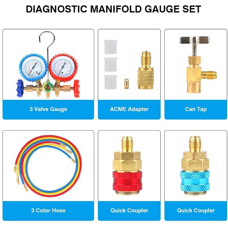 AC Diagnostic Manifold Freon Meter Kit for R134A R12 Refrigerator with Acme Adapter Car Air Conditioning Refrigerant