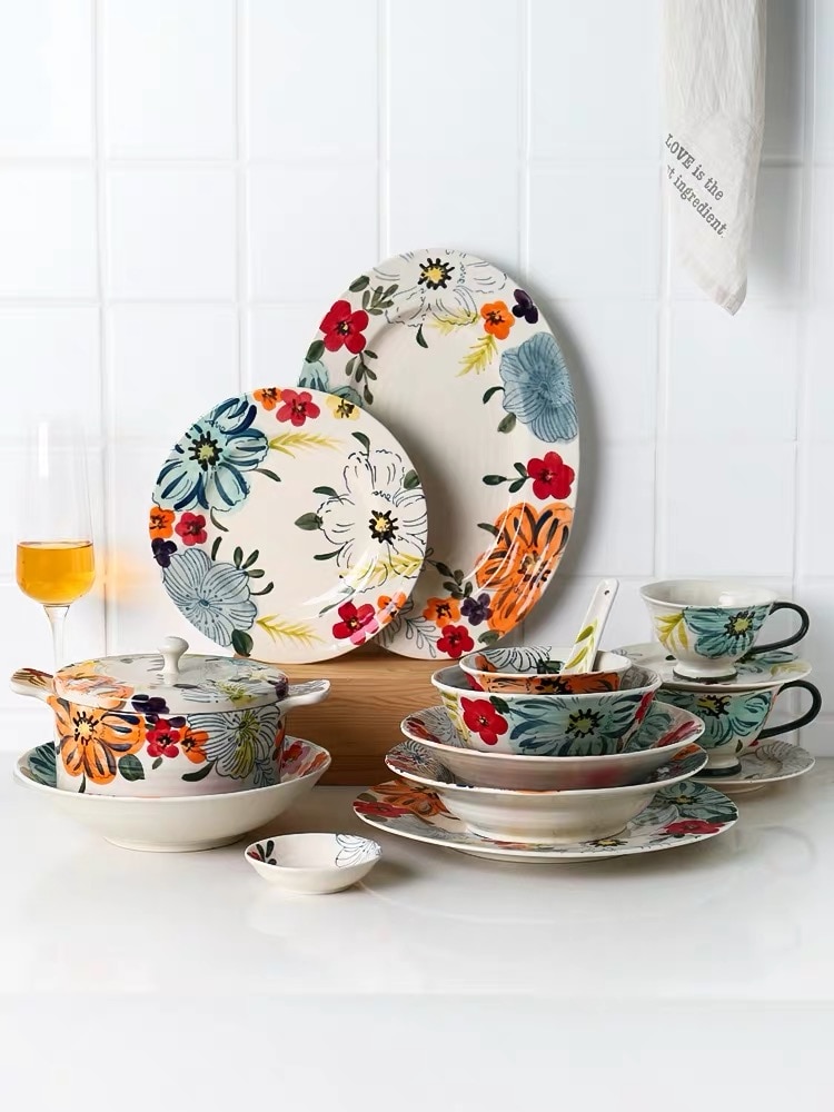 Flower Blooming Ceramic Dinnerware Set Personality Bowl Fish Plate Saucer 6/8/10 Inch Plate Double Ear Noodle Soup Bowl