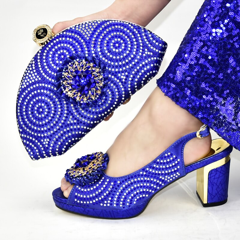 Rhinestone Wedding Shoes Italian Shoe and Bag Set for Party In Women Italian Women Wedding Pumps with Purse: Blue / 7.5