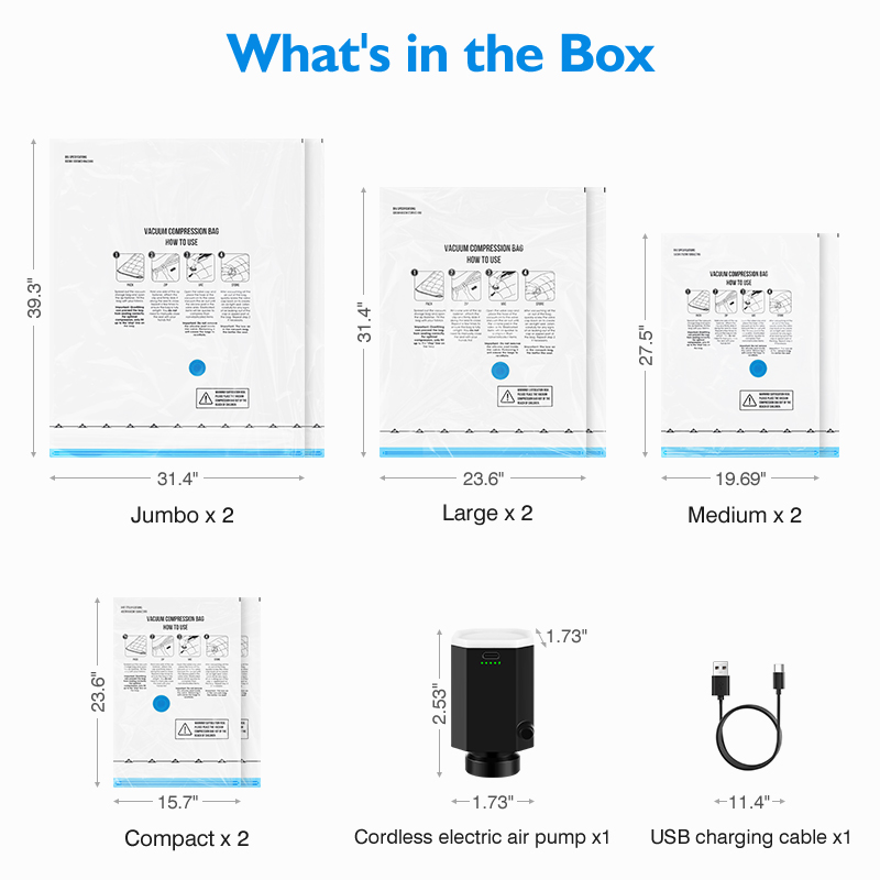 Sacchetti di stoccaggio sottovuoto 8-18 pezzi Borsa salvaspazio Pompa ad aria ricaricabile da viaggio Vari sacchetti sigillanti Pompa per comprare vestiti Coperta Bagagli: nero