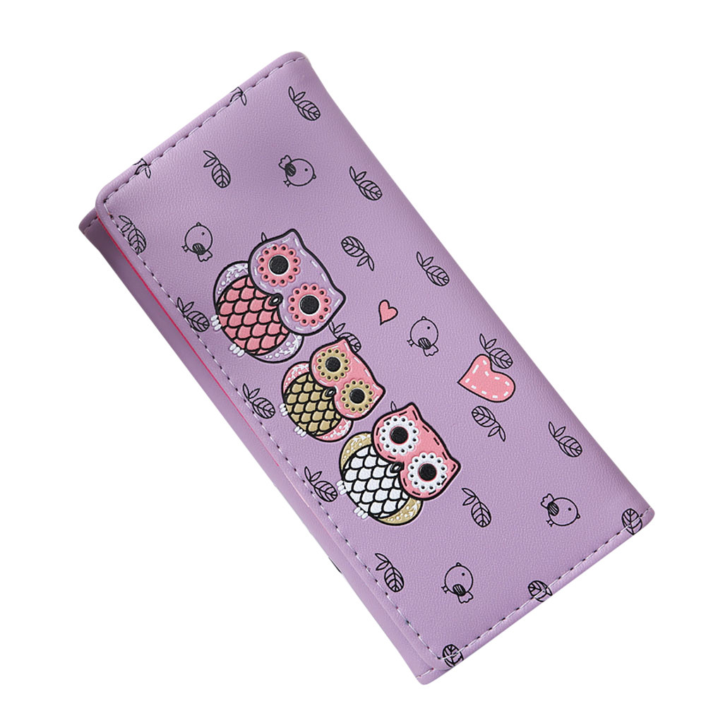 Women Simple Retro Owl Printing coin purse leather women wallets with Long Wallet coin pocket bag credit card: Purple