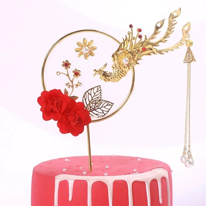 Lichtmetalen Phoenix Cake Decoratie Red Rose Cake Topper Voor Verjaardag Party Decor