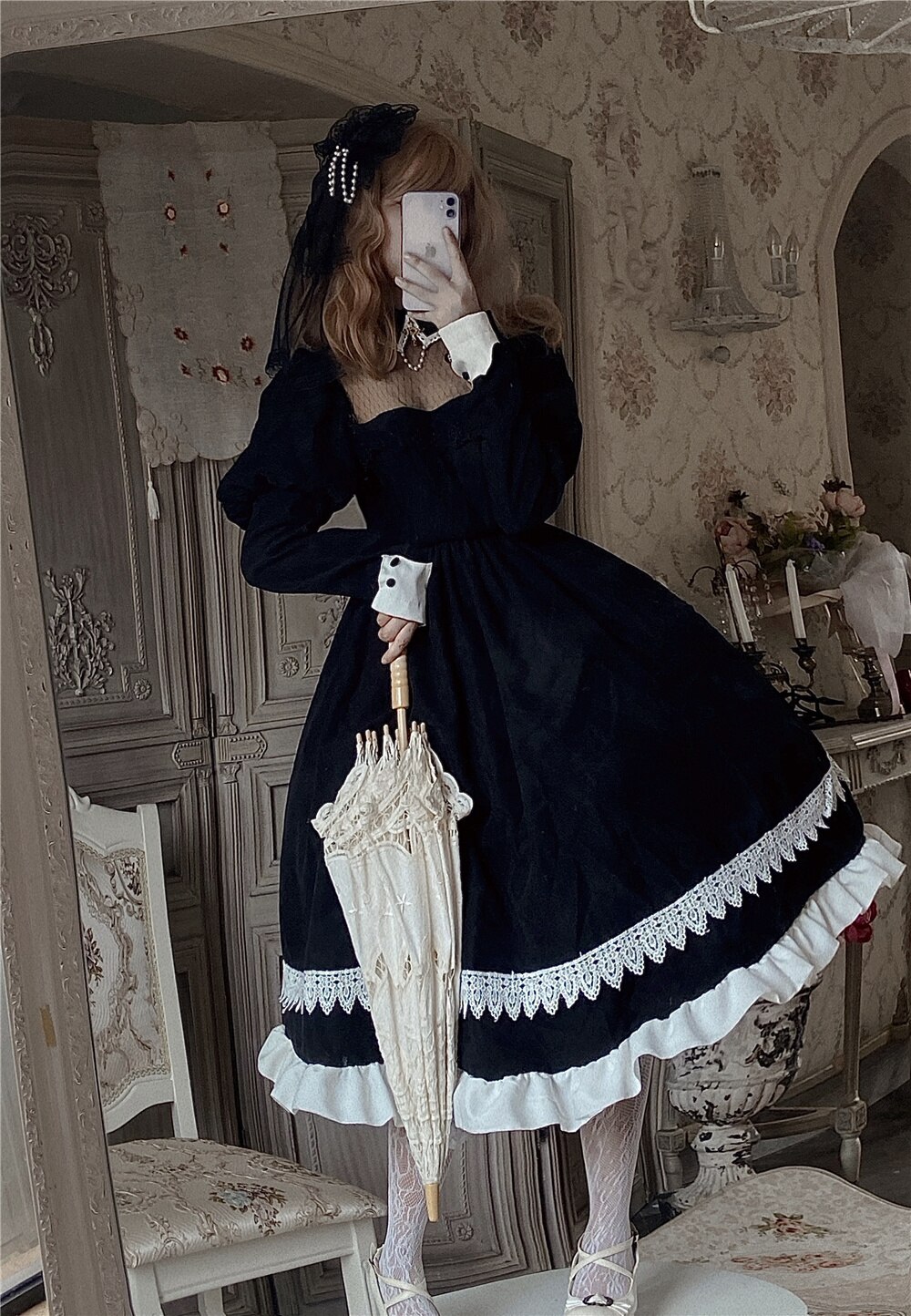 Lolita – robe longue de demoiselle d&#39;honneur, rétro, tablier , combinaison à manches bouffantes, taille haute, Kawaii, gothique, Lolita Op Loli Cos