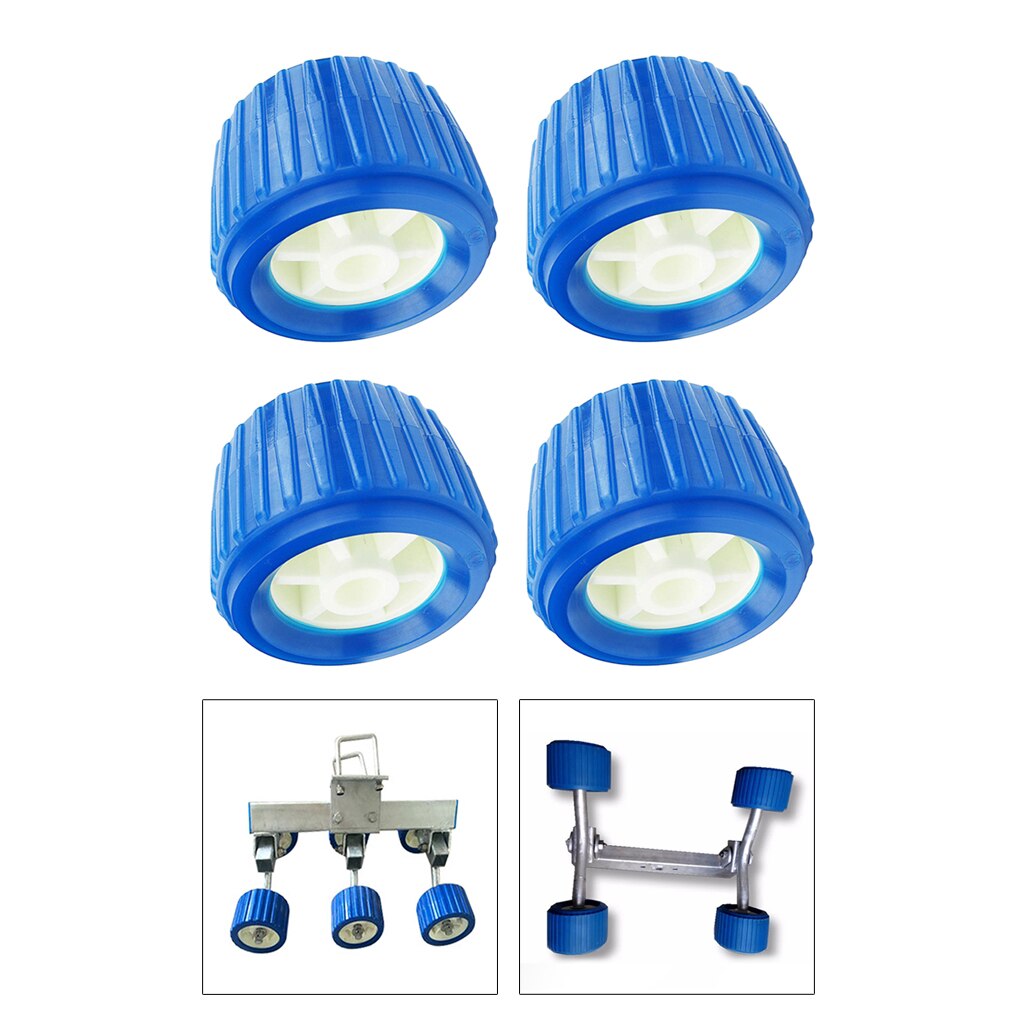 4 Set Boat Trailer Blue Rubber Ribbed Wobble Roller 4.33 inch Diameter, 3 inch Wide