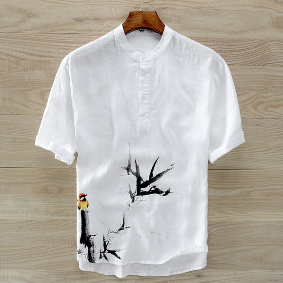 Camisa de lino puro para hombre, Camisa de manga corta con cuello levantado, estampado de pintura de tinta china, de lino blanco: M Asian size
