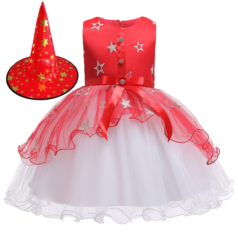 110-160cm Costume Children Dress Skirt Cosplay Girl With Hat Witch Star Skirt Witch Costume For Halloween Princess Dress Kids: red / 140cm
