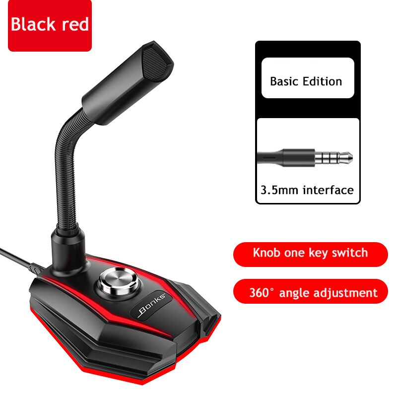 USB Microphone HD Sound Card With Speaker Headset Jack Free Drive Noise Reduction Rotate Receiver For Computer Mobile Phone: Black-Red-AUX