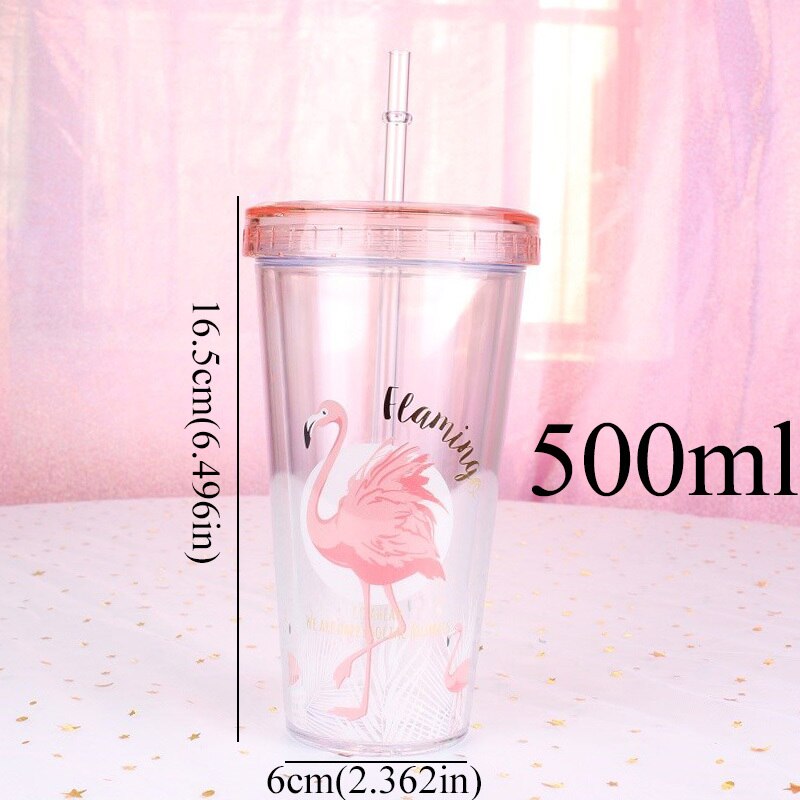 500ml flamingo plast rejse te kaffe krus halm kop tubuli med låg sød tegneserie drikker dobbelt væg til mælkesaft vand: 500ml en fugl
