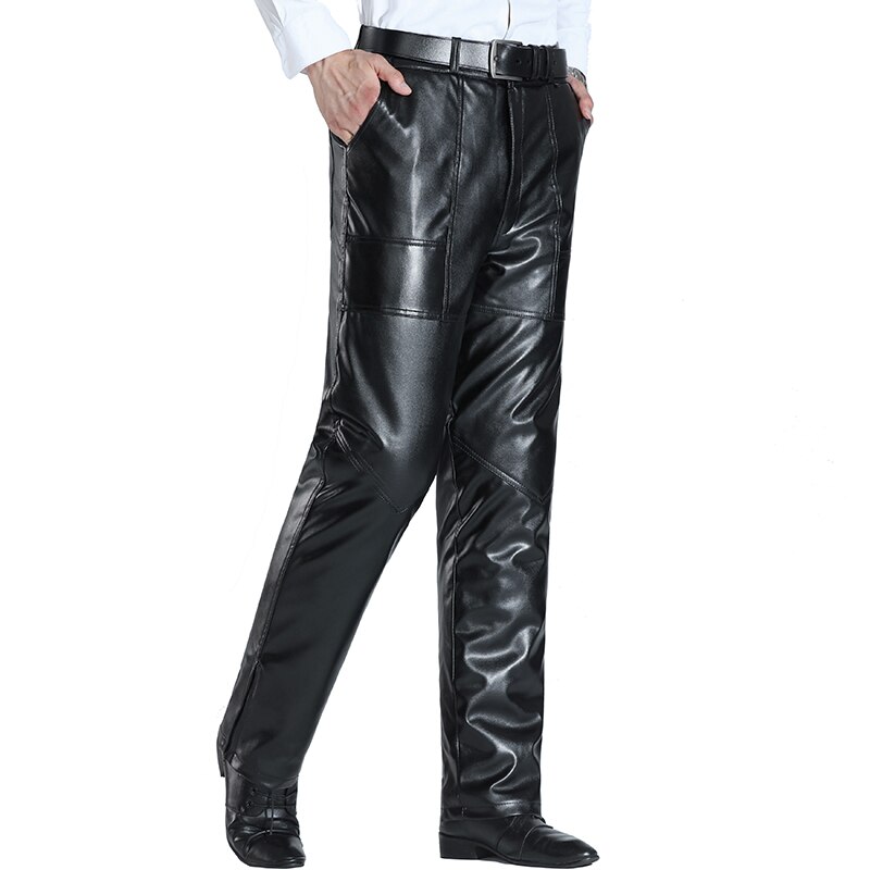Thoshine skinnbyxor herr långbyxor casual man pu skinnbyxor med fleece varma höst vinterkläder