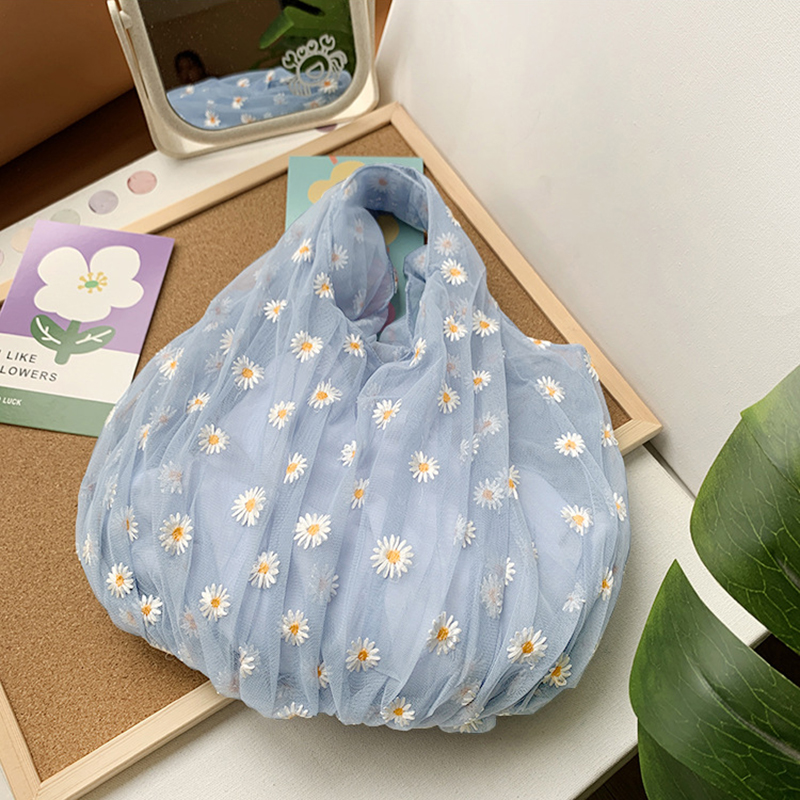 Kleine transparante tas van mesh stof voor dames, handtas met borduurwerk van madeliefjes, eco-bloemkunst, mesh tas, portemonnee voor meisjes