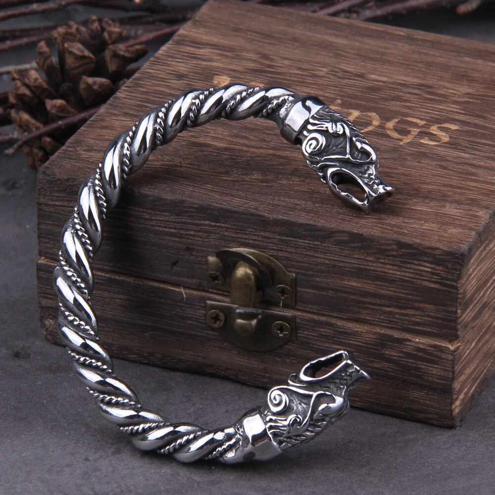 Bracelet en acier inoxydable nordique Viking nordique Dragon Bracelet réglable hommes Bracelets manchette avec boîte en bois Viking