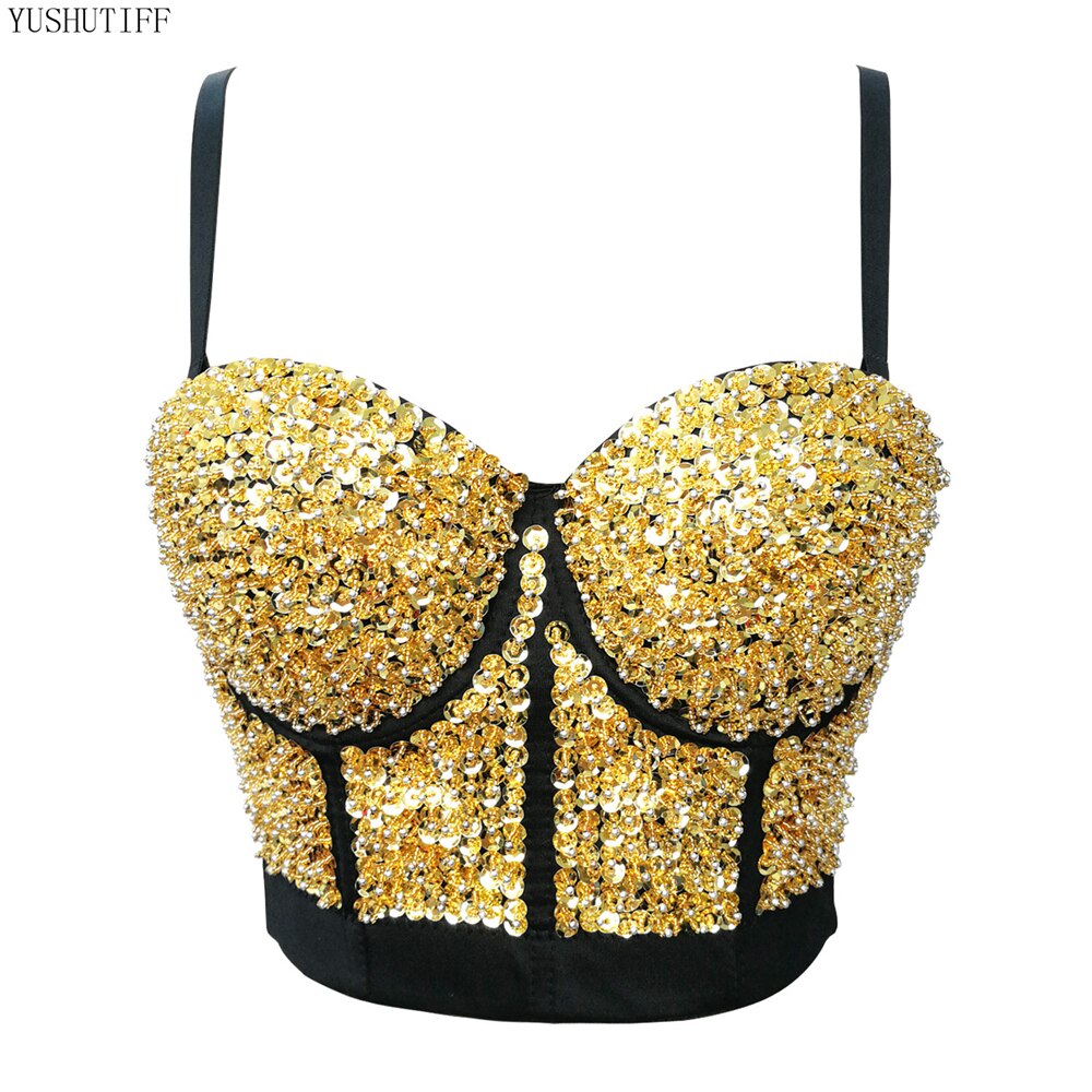 Soutien-gorge Bralette Push Up pour femme, Corset Sexy, brillant, perles, paillettes, boîte de nuit, haut court, vêtements: DB813 Golden / 40C