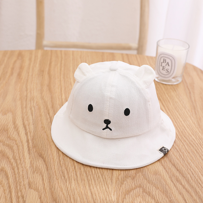 Chapeau seau brodé ours mignon pour bébé, chapeau de soleil en coton de couleur unie pour bébé garçon et fille, casquette d&#39;été pour enfant: white