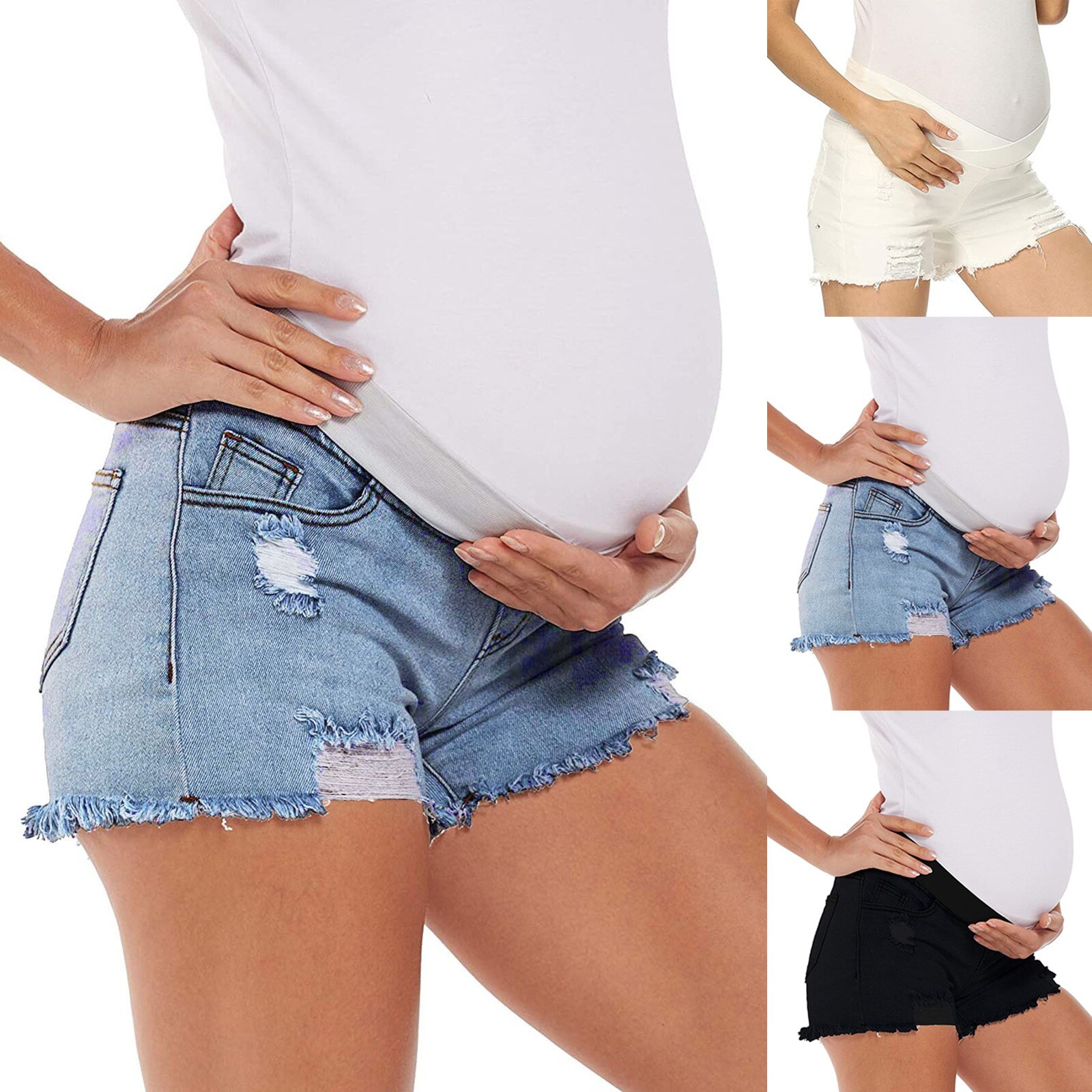Women Maternity Elastic Band Jeans Solid Color Ripped Denim Shorts pregnancy pregnant clothes comfortable Big size