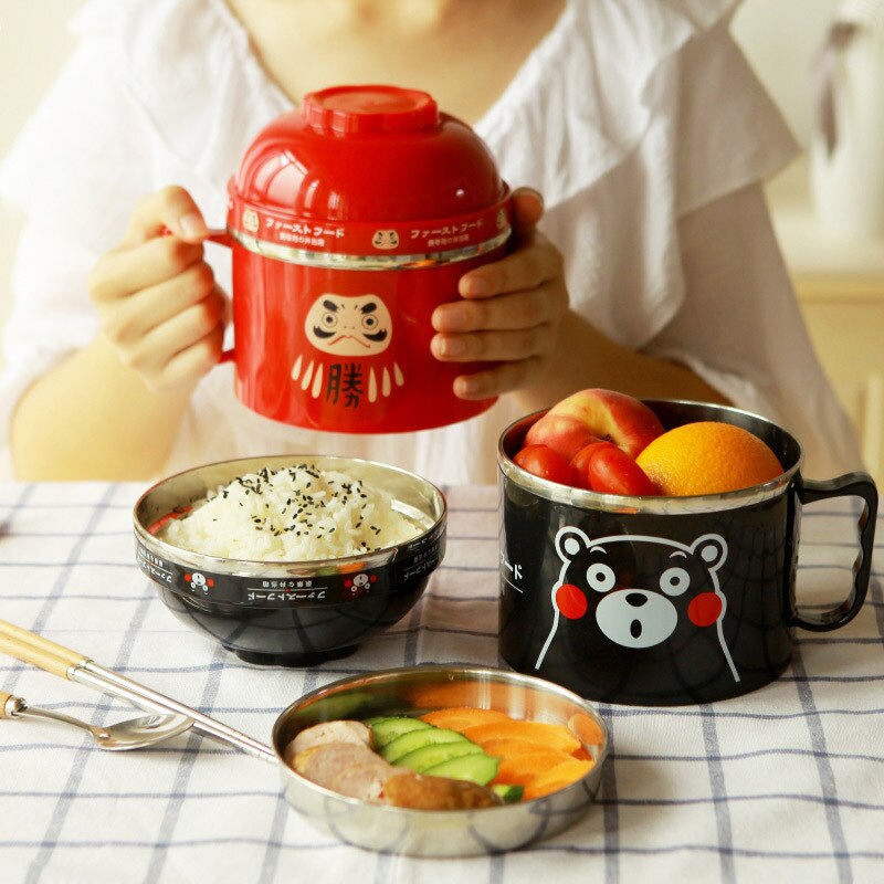 Set de cuencos para sopa de dibujos animados tazón de acero inoxidable cuenco para Fideos instantáneos con tapa con mango contenedor de alimentos tazón de arroz almuerzo maruchan tazón