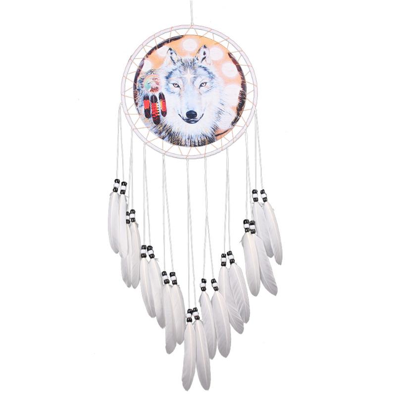 Toile imprimée de loup 1 pièce | Filet attrape-rêves, plume perle, attrape-rêve, ornement suspendu, décoration de voiture maison