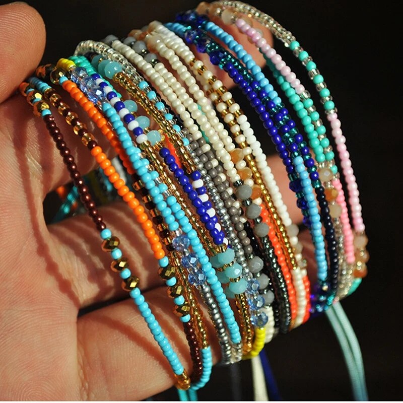 Simple Three Layers Multicolor Boho Handmade Tether Seeds Beaded Bracelets for Women Summer Beach Jewelry