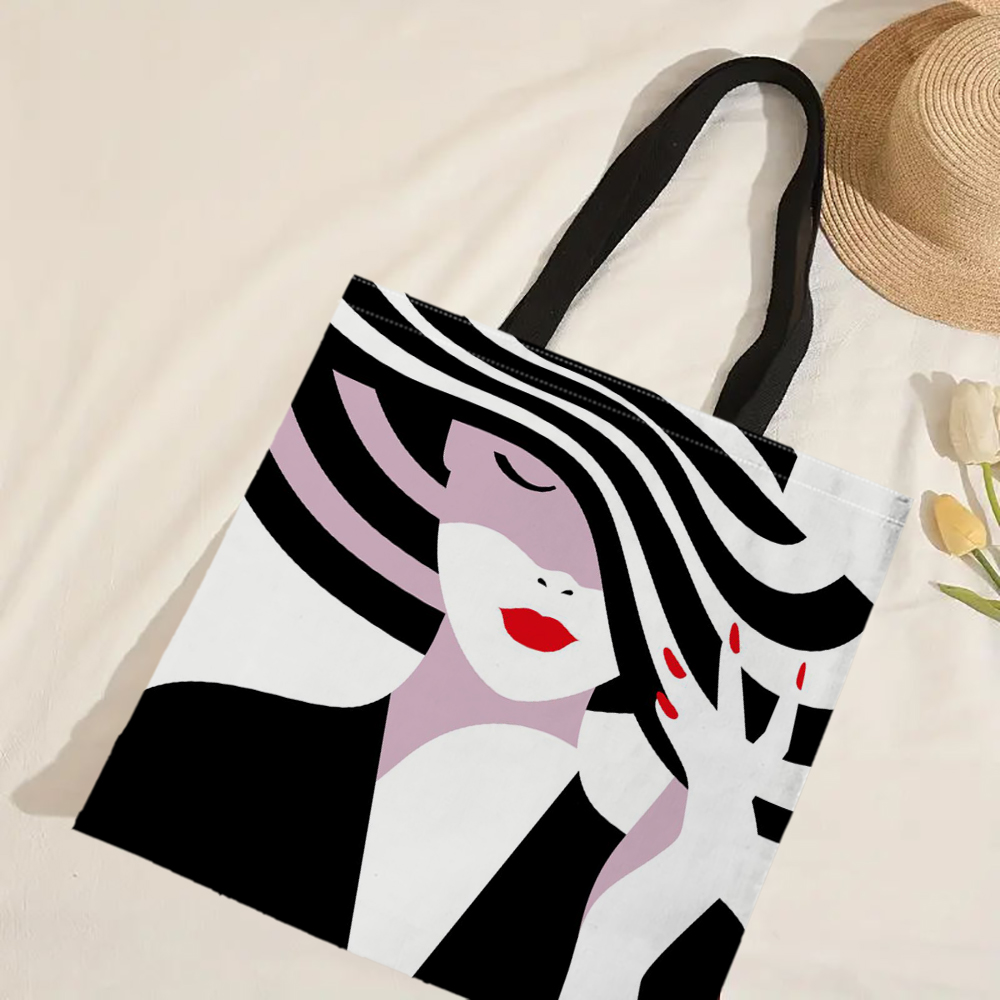 Czarno-biała geometryczna torba z grubej bawełny Damskie torby lniane Ekologiczne torby na zakupy wielokrotnego użytku Podróżna plaża Przydatna torba na ramię: Brązowy