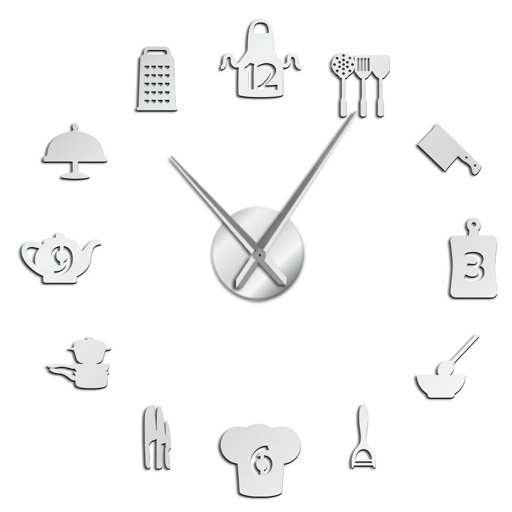 Kitchen Tools DIY Giant Wall Clock Kitchen Utensils Frameless Large Wall Watch Modern Dining Room Kitchen Art Decor Timepiece: Silver / 37 Inch