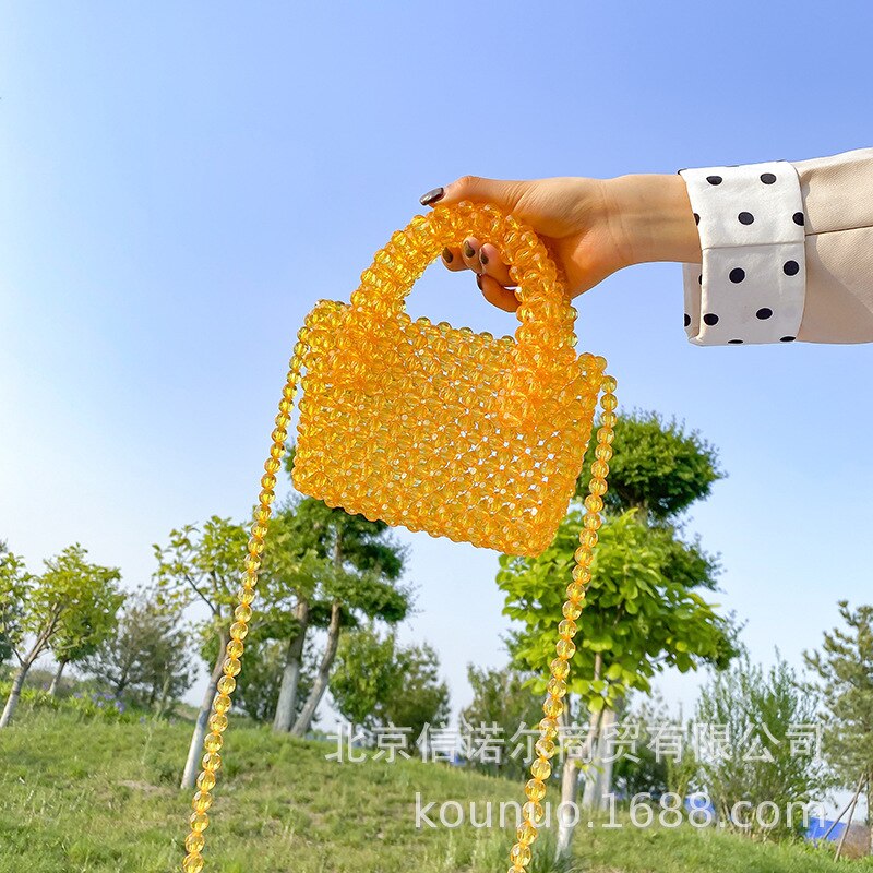 Transparent Crystal Glass Pearl Bags Women Handmade Handbag Bling Hollow Clear Top Handle Hand Bags Summer Beach Party Purse Bag: 4