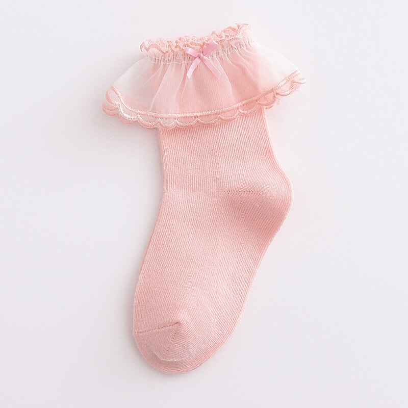 Lente Mode Babysokjes Kant Verstoorde Kids Meisjes Sokken Effen Kleur Zachte Katoenen Peuter Korte Sokken 1-3Y: pink