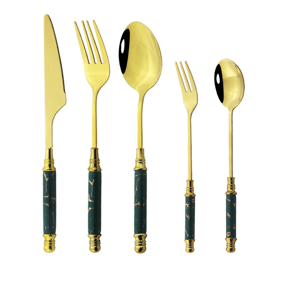 1Set Keramische Handvat Vis Vork Lepel Mes Set Groen Goud Servies Roestvrij Staal Bestek Bestek Set Servies Servies: Green Gold