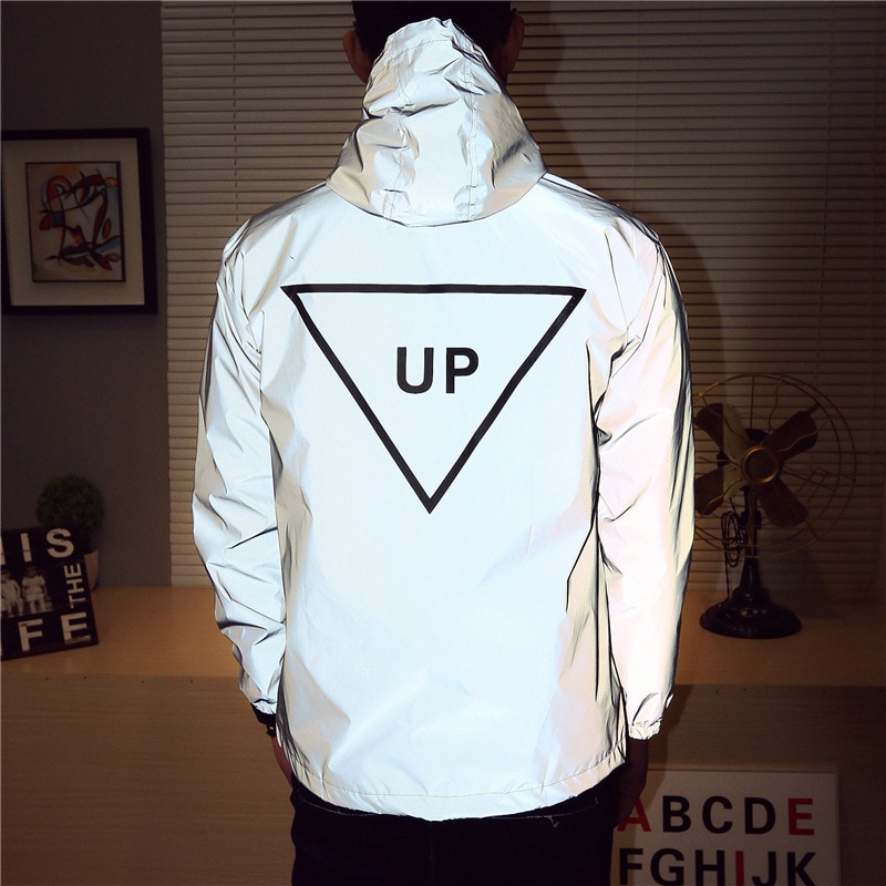 Chaqueta reflectante hombre payaso Casual Hiphop triángulo invertido hasta cazadora pareja abrigo de noche con capucha fluorescente ropa
