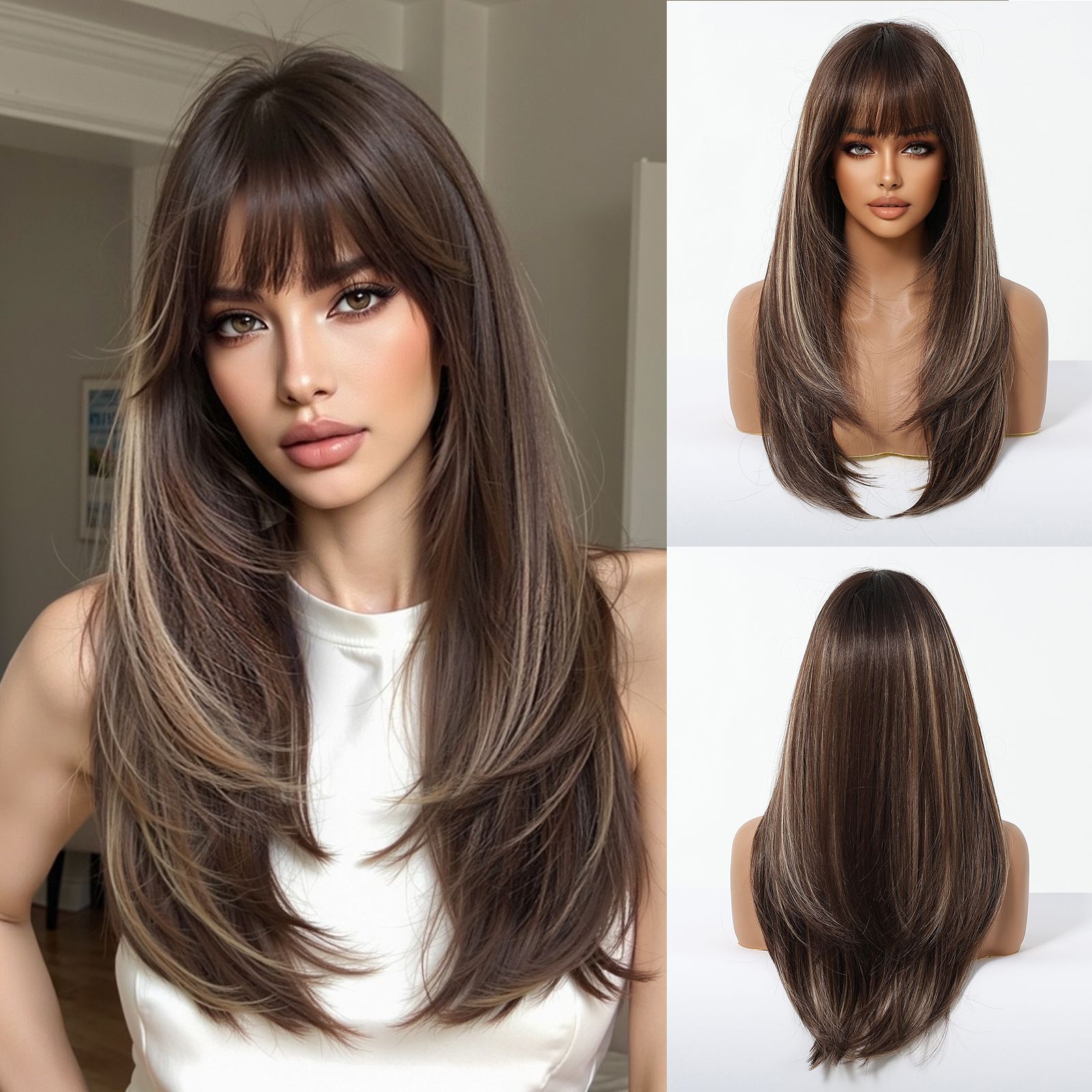 Easihair lång silverfärgad med blonda slingor syntetiska peruker för kvinnor rak med lugg naturlig peruk cosplay-hår värmebeständigt
