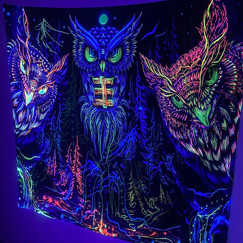 Tapiz fluorescente de seta de búho, decoración de pared que brilla bajo la lámpara negra, luz UV, decoración del hogar, dormitorio, sala de estar, psicodélico: 05