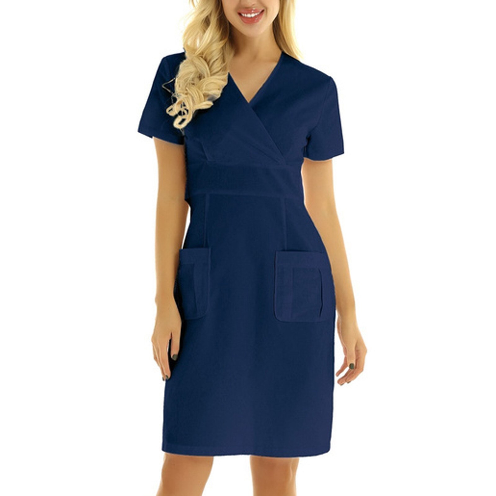 Women Casual Short Sleeve V-Neck Solid Nursing Working Uniform Solid Pocket Dress Scrubs Clothes Protect Coat медицинская форма: Dark Blue / S