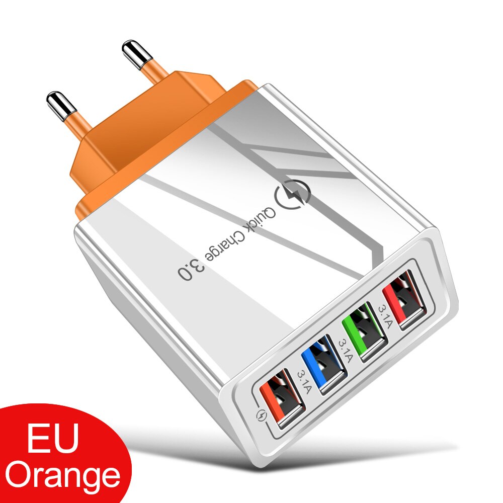 For iPhone Charger Quick Charge 3.0 Fast Charging Adapter USB Charger For Samsung S10 Plus Xiaomi 4 Ports Mobile Phone Chargers: EU Plug / Orange