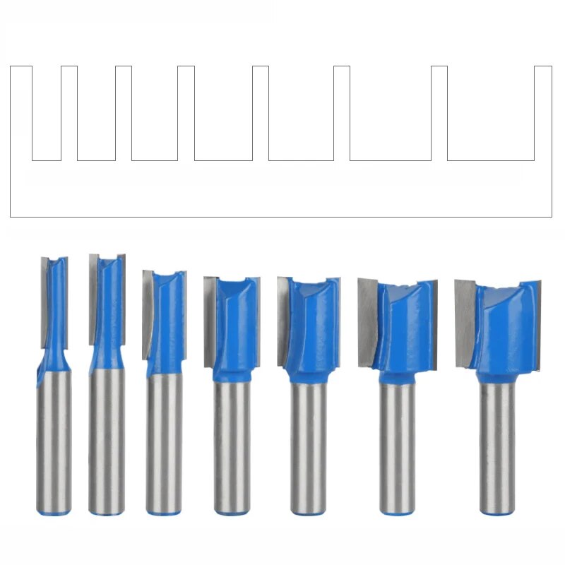 7 stuks 8 mm schacht houtbewerking freesgereedschap, tweesnijdend groeffreeskop, elektrische hout trimmachine recht mes
