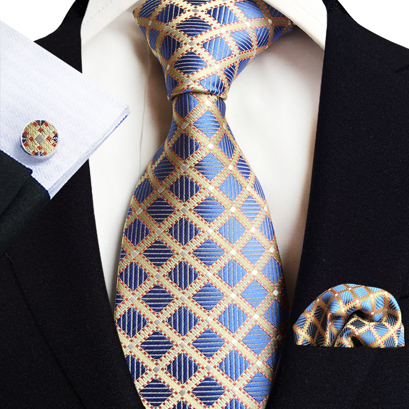 Gold Paisley Silk Ties For Men Luxury 8cm Royal Striped Necktie Pocket Square Cufflinks Set Jacquard Weave Tie Suit Accessories