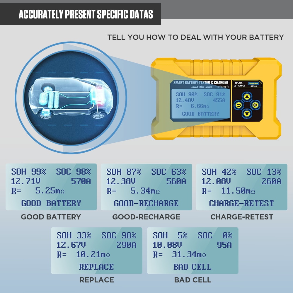 AUTOOL Original BT380 12V Car Battery Tester & Battery Charger Automotive Battery Tester Analyzer Vehicle Power Bank CCA2400