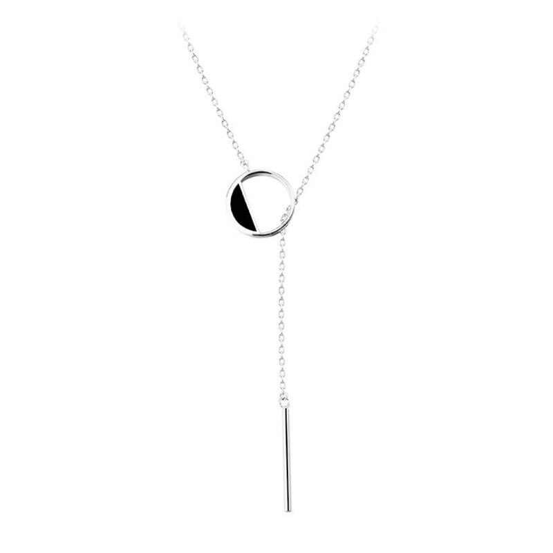 Plata de Ley 925 Plata geométrica Negro redondo Collar para las mujeres larga borla cadena suéter hecho a mano joyería S-N304